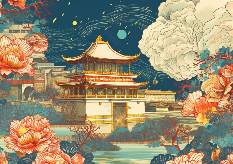 古建筑国潮节日元宵节背景插画,插画/手绘图,插画/手绘图库,插画/手绘图下载,插画/手绘